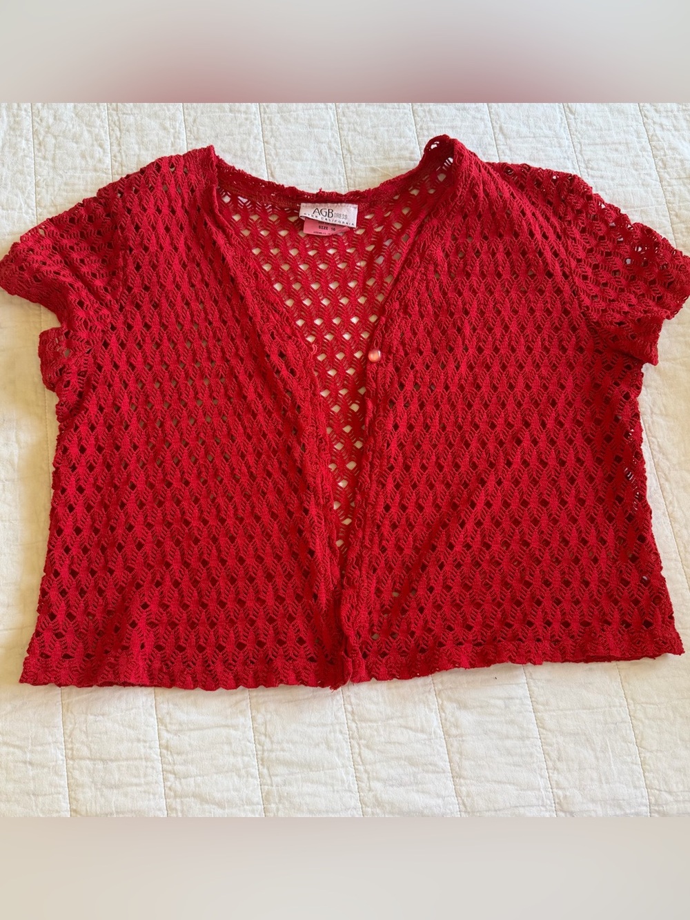 AGB Red Crochet Short-Sleeve Cardigan vintage 16 100% cotton